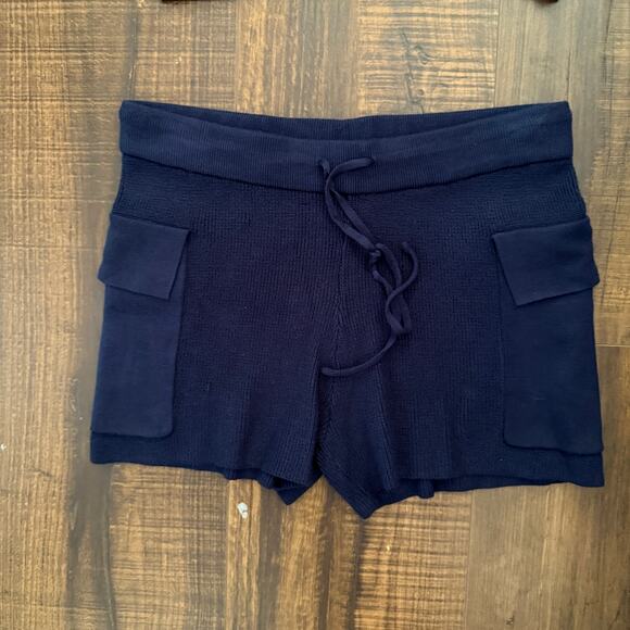 NWOT Navy Blue Knit Set Drawstring Shorts w/ Pockets Collared Knit Top - xs - Picture 4 of 6